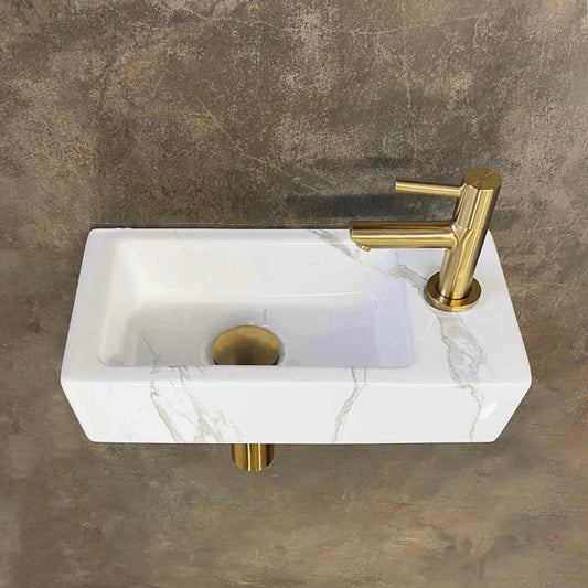 Fonteinset Rhea S mini met fontein rechts carrara - Geborsteld messing