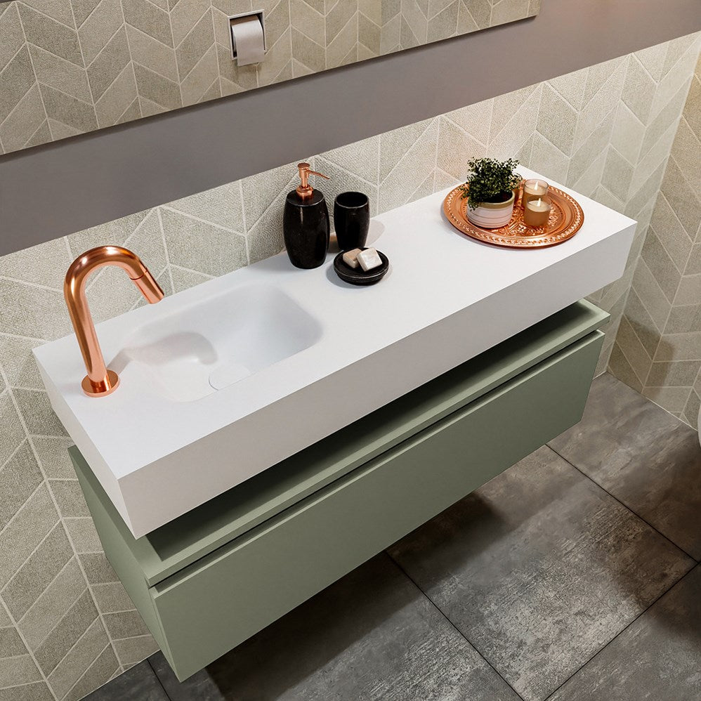 MONDIAZ ANDOR 100cm toiletmeubel army. LEX 100cm wastafel talc positie links. Met 1 kraangat