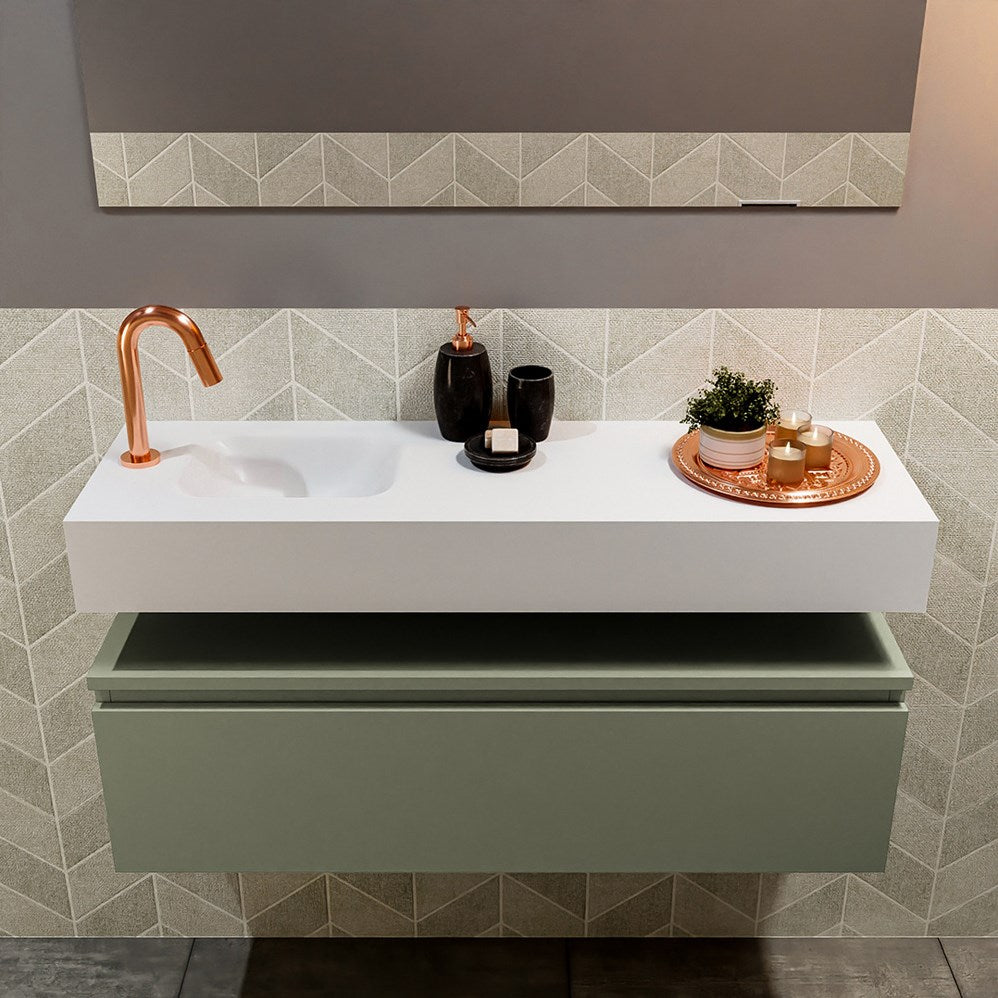 MONDIAZ ANDOR 100cm toiletmeubel army. LEX 100cm wastafel talc positie links. Met 1 kraangat