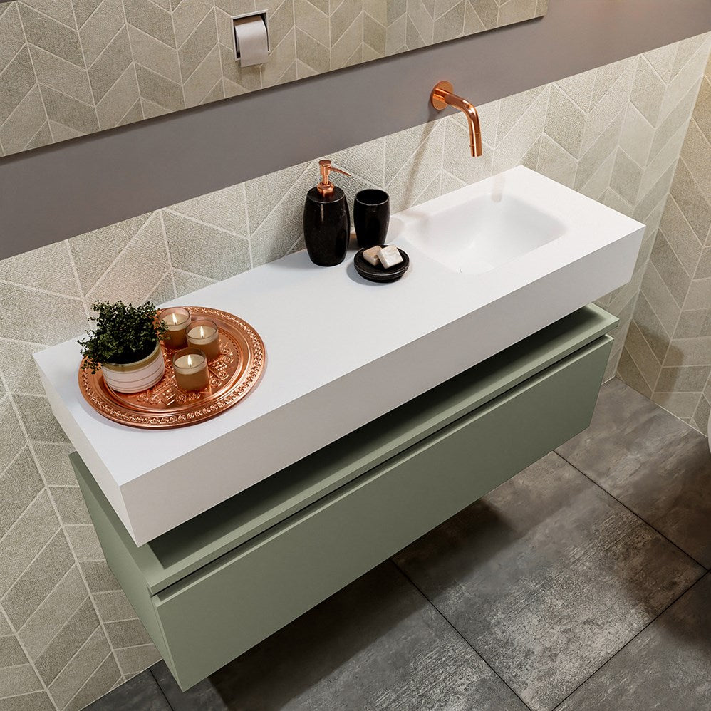 MONDIAZ ANDOR 100cm toiletmeubel army. LEX 100cm wastafel talc positie rechts. Zonder kraangat