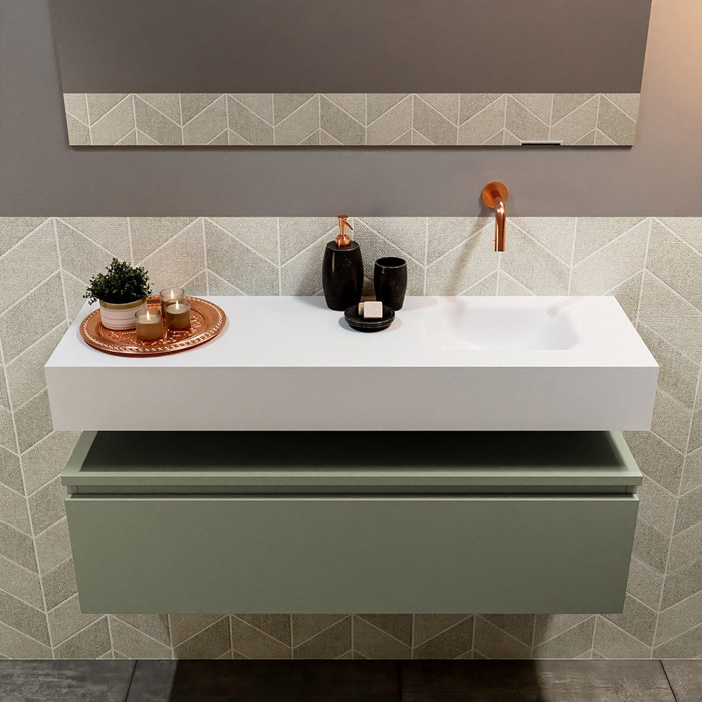 MONDIAZ ANDOR 100cm toiletmeubel army. LEX 100cm wastafel talc positie rechts. Zonder kraangat