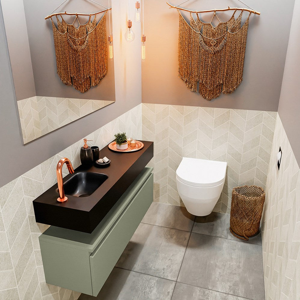 MONDIAZ ANDOR 100cm toiletmeubel army. LEX 100cm wastafel urban positie links. Met 1 kraangat