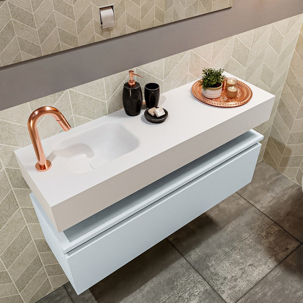 MONDIAZ ANDOR 100cm toiletmeubel cale. LEX 100cm wastafel talc positie links. Met 1 kraangat