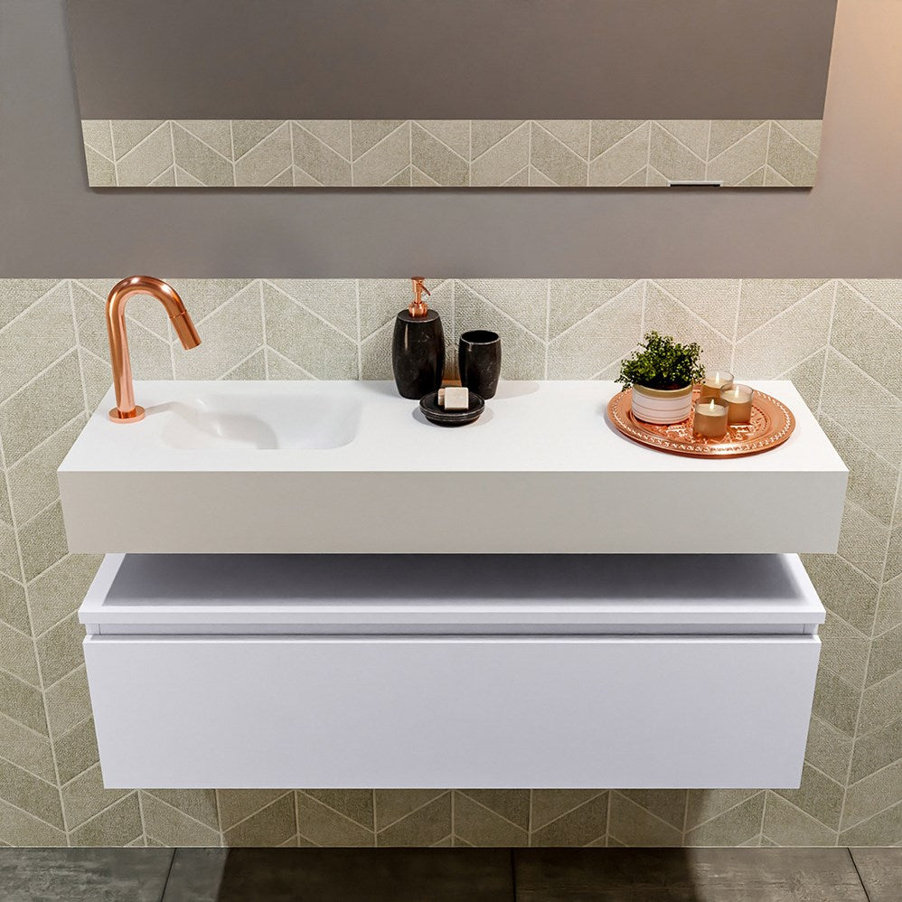 MONDIAZ ANDOR 100cm toiletmeubel cale. LEX 100cm wastafel talc positie links. Met 1 kraangat