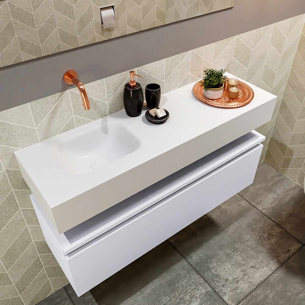 MONDIAZ ANDOR 100cm toiletmeubel cale. LEX 100cm wastafel talc positie links. Zonder kraangat