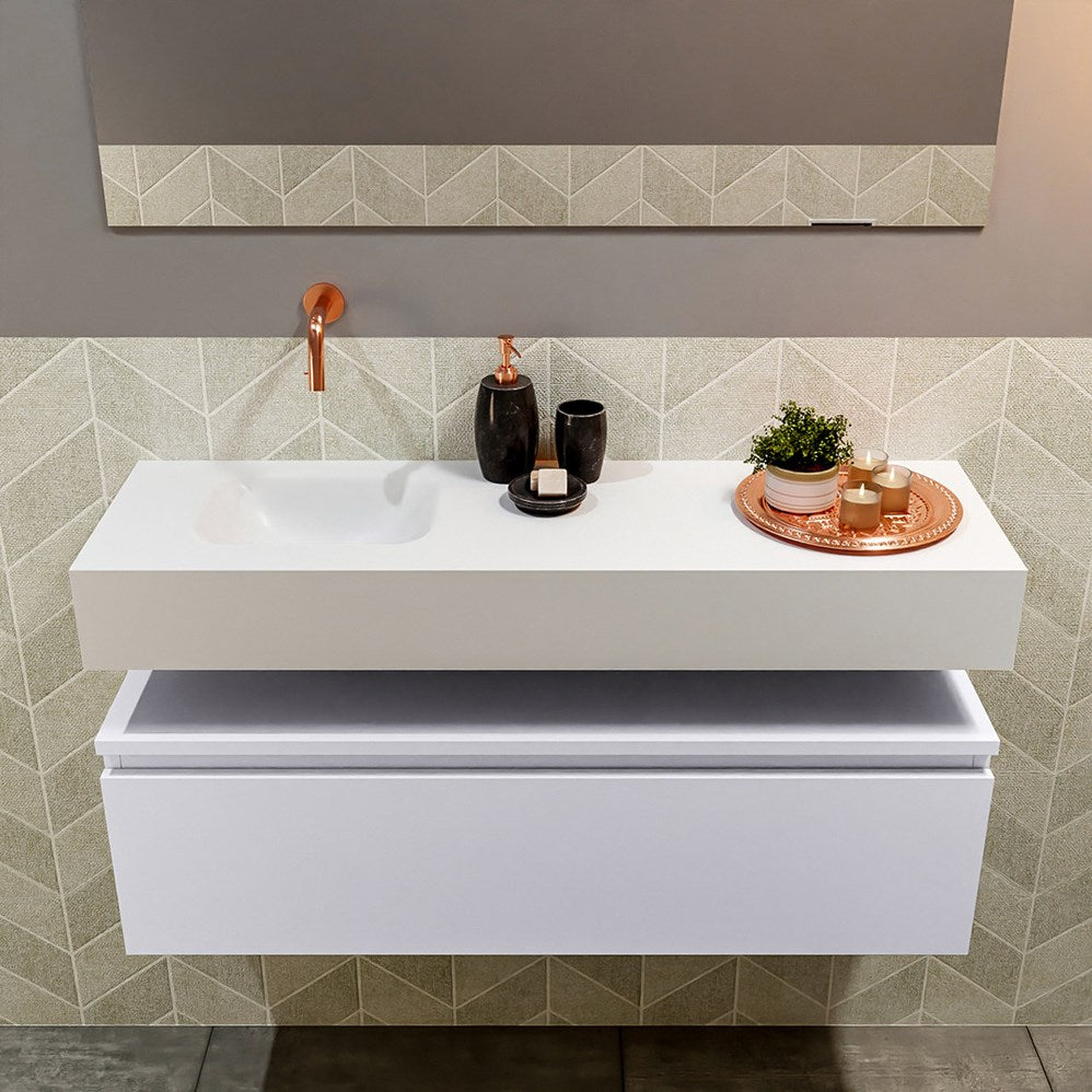MONDIAZ ANDOR 100cm toiletmeubel cale. LEX 100cm wastafel talc positie links. Zonder kraangat