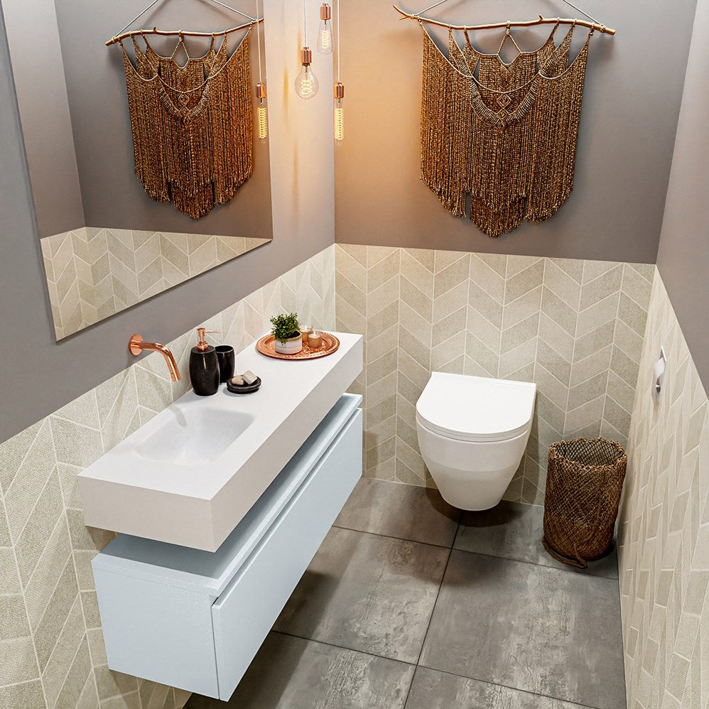 MONDIAZ ANDOR 100cm toiletmeubel cale. LEX 100cm wastafel talc positie links. Zonder kraangat