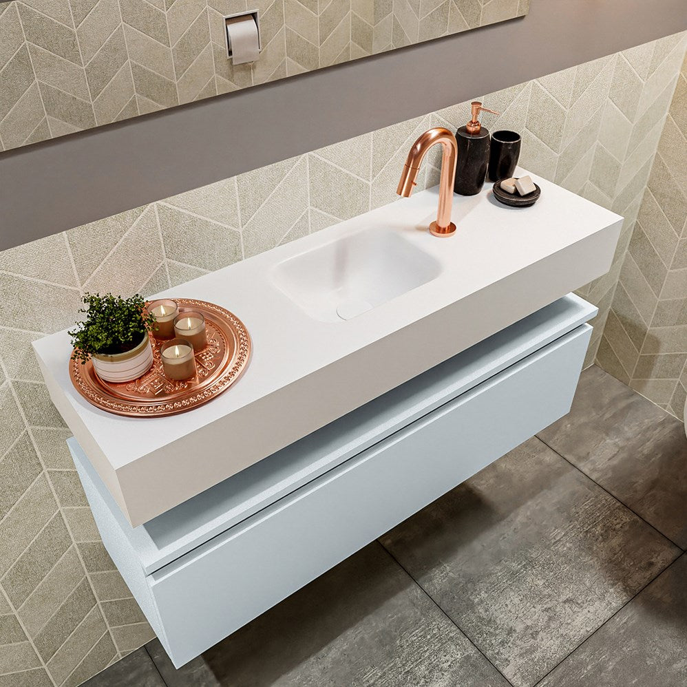 MONDIAZ ANDOR 100cm toiletmeubel cale. LEX 100cm wastafel talc positie midden. Met 1 kraangat