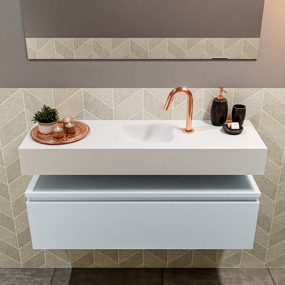 MONDIAZ ANDOR 100cm toiletmeubel cale. LEX 100cm wastafel talc positie midden. Met 1 kraangat