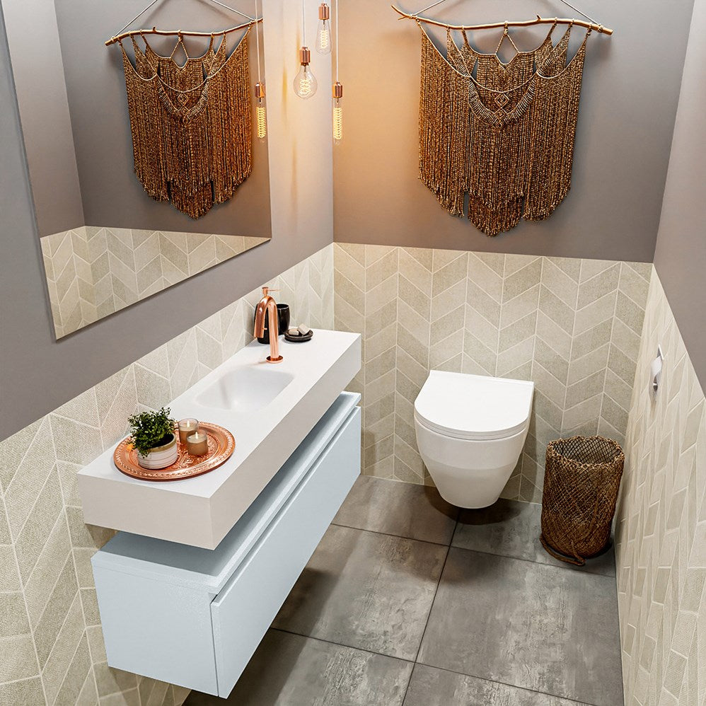 MONDIAZ ANDOR 100cm toiletmeubel cale. LEX 100cm wastafel talc positie midden. Met 1 kraangat