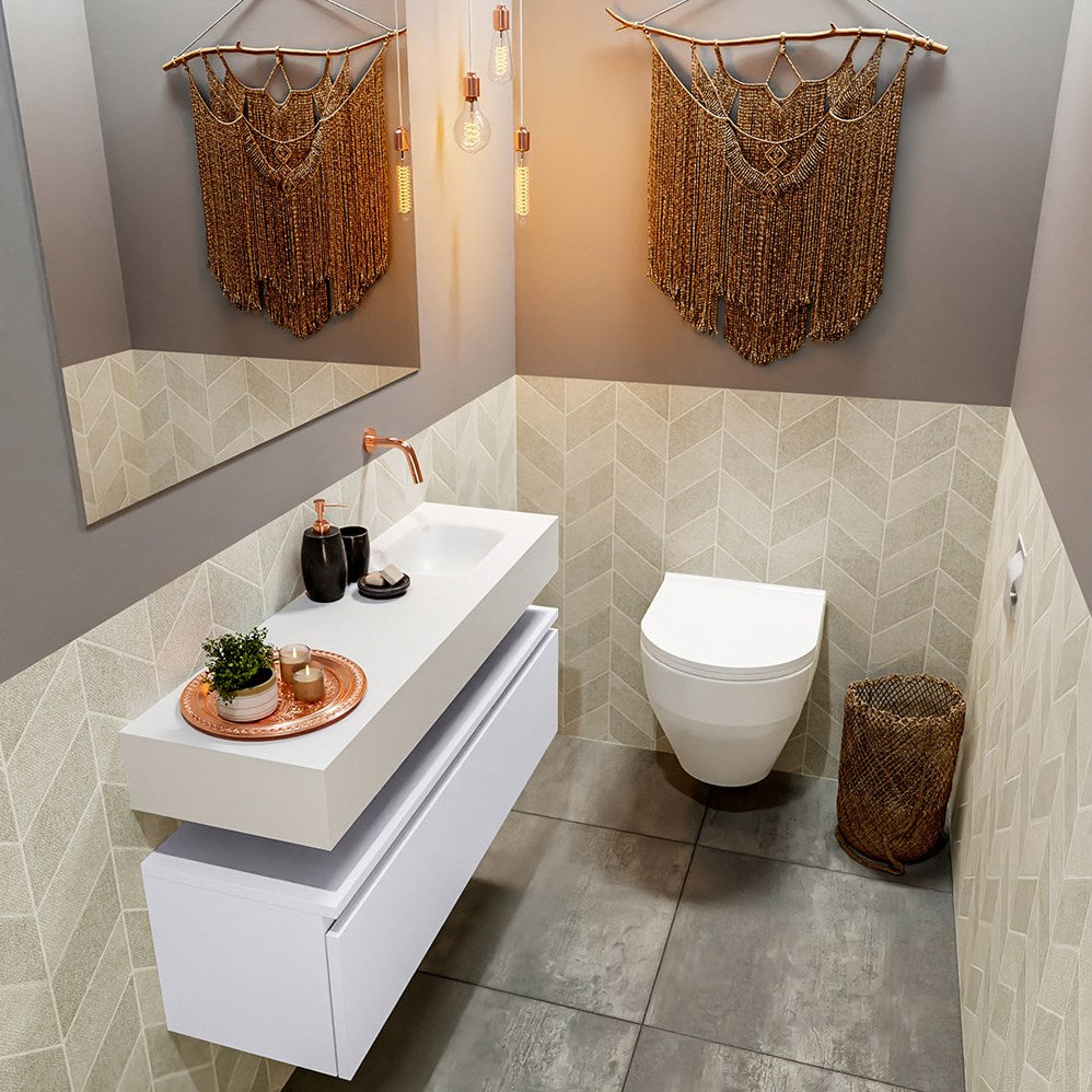 MONDIAZ ANDOR 100cm toiletmeubel cale. LEX 100cm wastafel talc positie rechts. Zonder kraangat