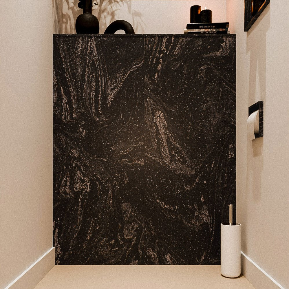 MONDIAZ HOPE Toiletplaat SET solid surface achterwand 100x125cm met Planchet 100x23cm in de kleur Lava, niet voorgeboord.