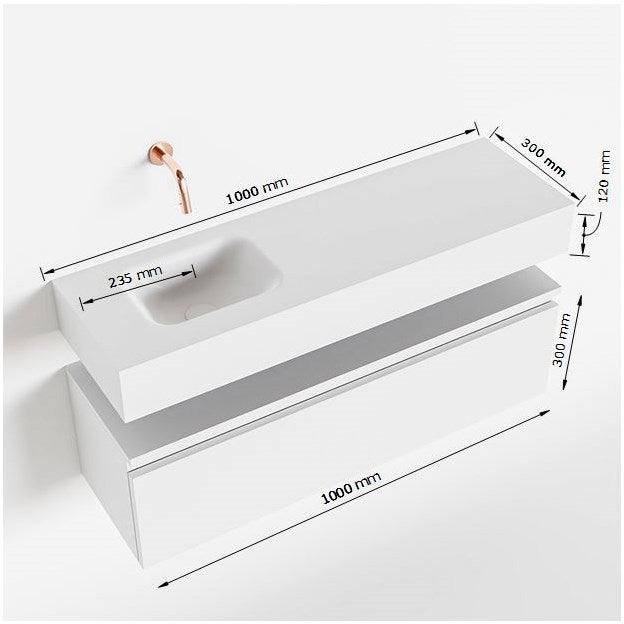 MONDIAZ ANDOR 100cm toiletmeubel cale. LEX 100cm wastafel talc positie links. Zonder kraangat