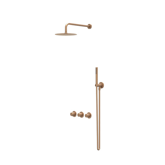 IVY Bond inbouw regendoucheset symmetry 2 stopkranen - 40cm wandarm - 20cm slim hoofddouche - wandhouder - staafhanddouche - geborsteld mat koper pvd