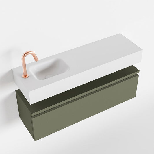 MONDIAZ ANDOR 100cm toiletmeubel army. LEX 100cm wastafel talc positie links. Met 1 kraangat