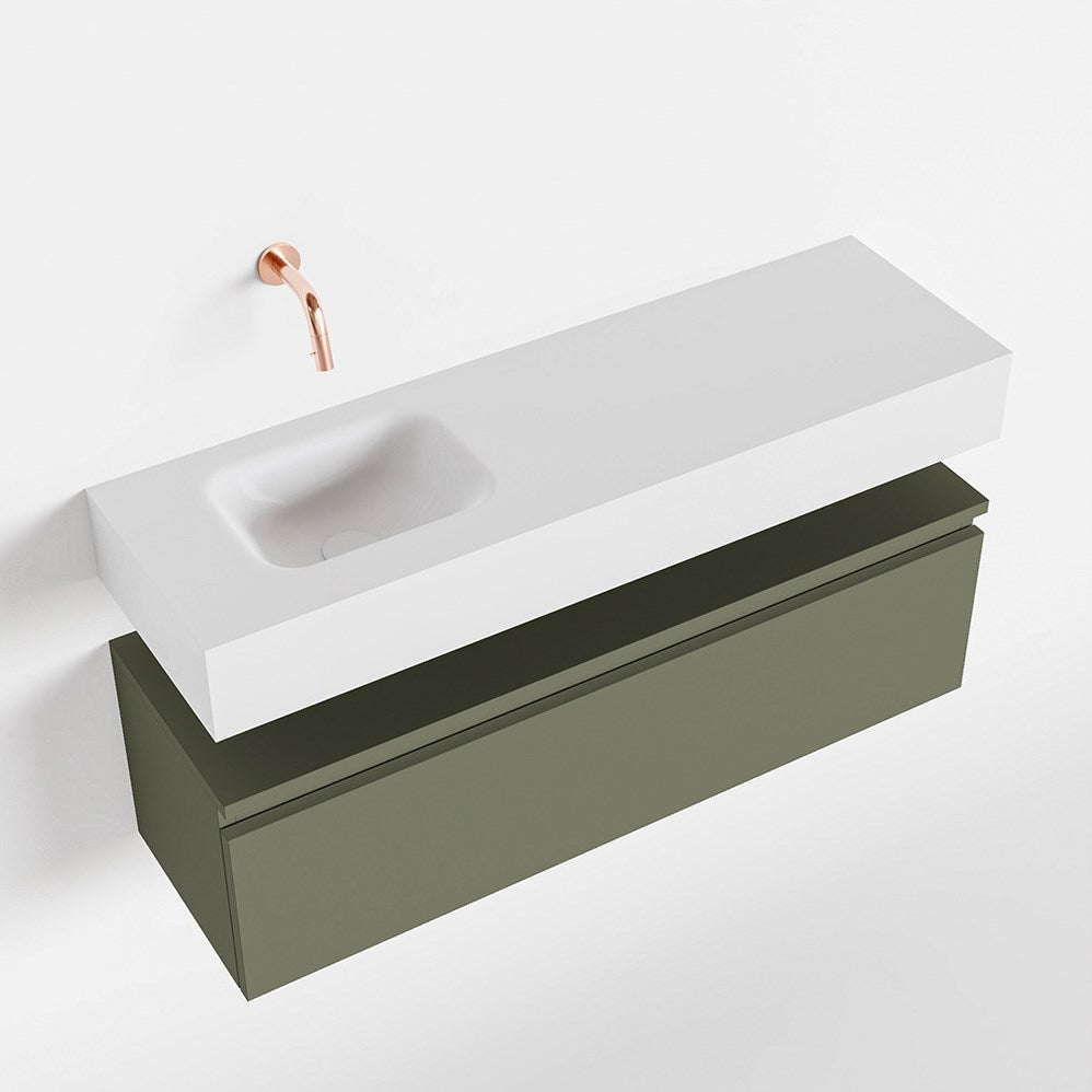 MONDIAZ ANDOR 100cm toiletmeubel army. LEX 100cm wastafel talc positie links. Zonder kraangat