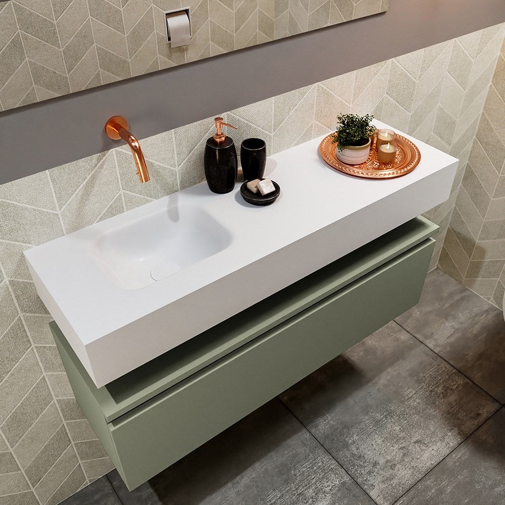 MONDIAZ ANDOR 100cm toiletmeubel army. LEX 100cm wastafel talc positie links. Zonder kraangat