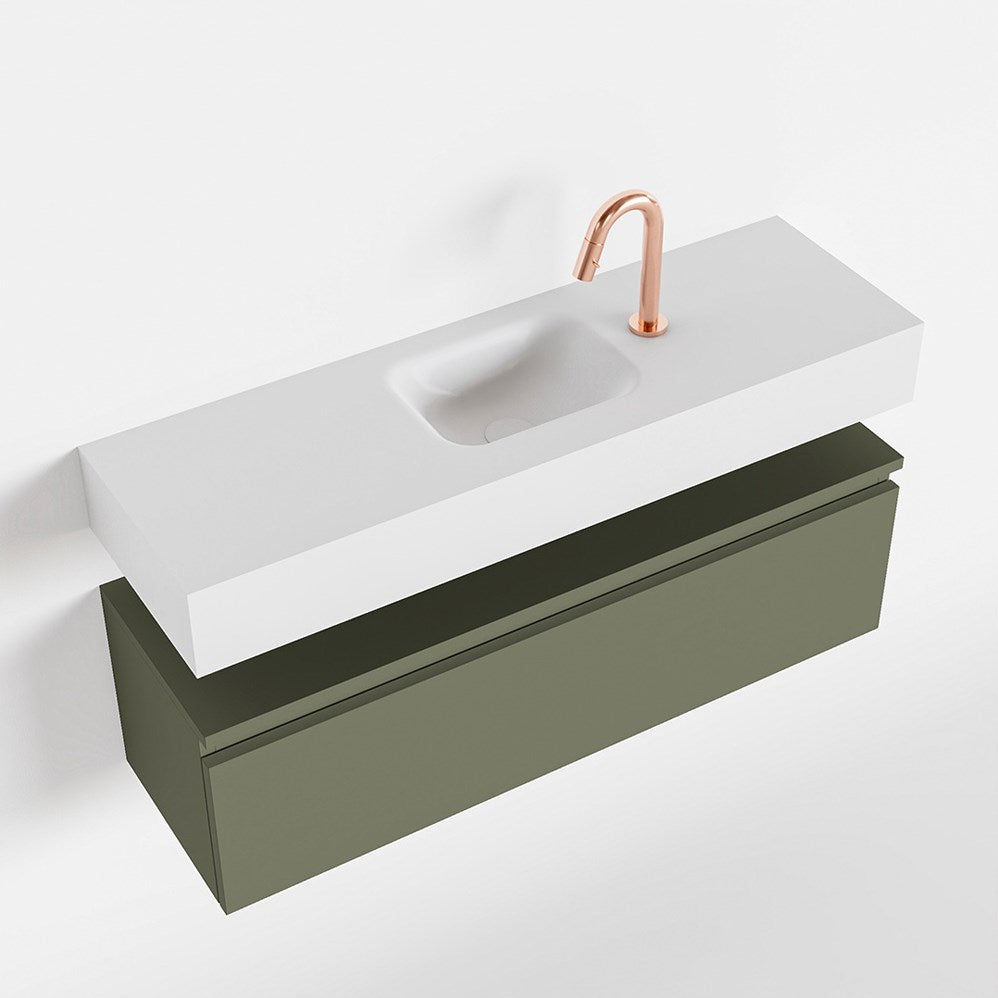 MONDIAZ ANDOR 100cm toiletmeubel army. LEX 100cm wastafel talc positie midden. Met 1 kraangat
