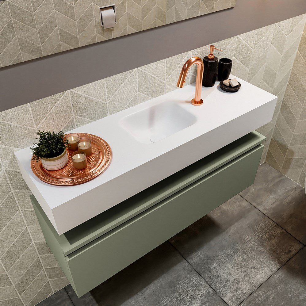 MONDIAZ ANDOR 100cm toiletmeubel army. LEX 100cm wastafel talc positie midden. Met 1 kraangat