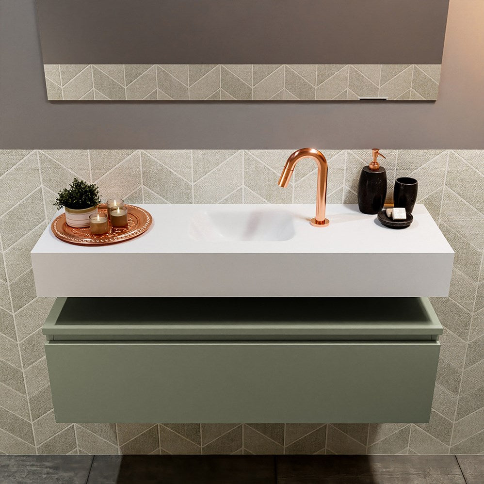 MONDIAZ ANDOR 100cm toiletmeubel army. LEX 100cm wastafel talc positie midden. Met 1 kraangat