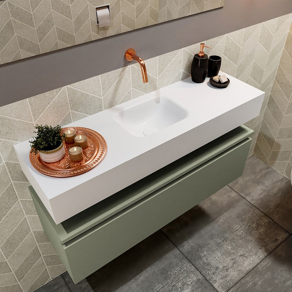 MONDIAZ ANDOR 100cm toiletmeubel army. LEX 100cm wastafel talc positie midden. Zonder kraangat