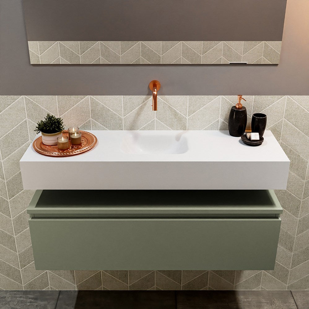 MONDIAZ ANDOR 100cm toiletmeubel army. LEX 100cm wastafel talc positie midden. Zonder kraangat