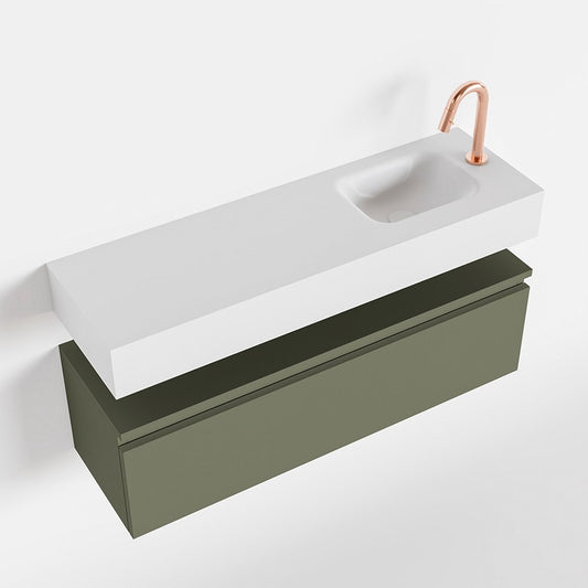 MONDIAZ ANDOR 100cm toiletmeubel army. LEX 100cm wastafel talc positie rechts. Met 1 kraangat