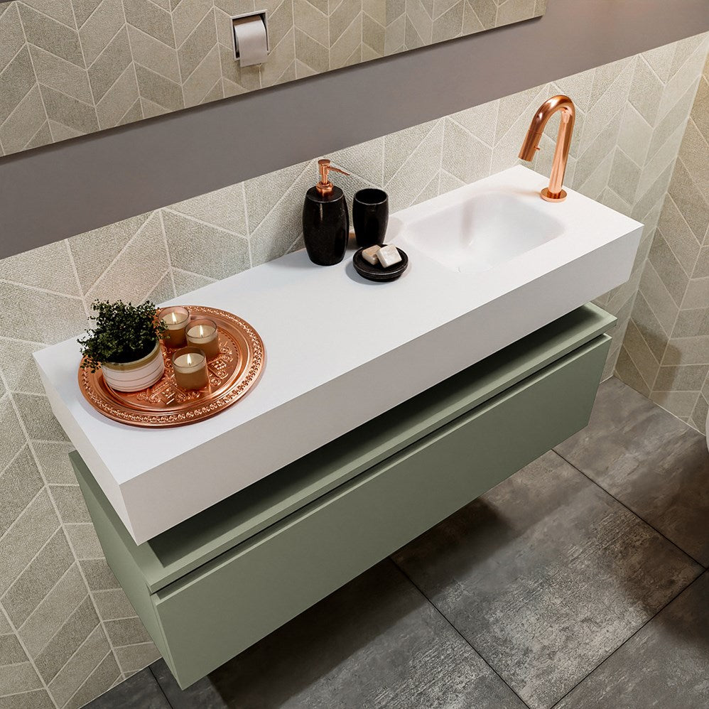 MONDIAZ ANDOR 100cm toiletmeubel army. LEX 100cm wastafel talc positie rechts. Met 1 kraangat