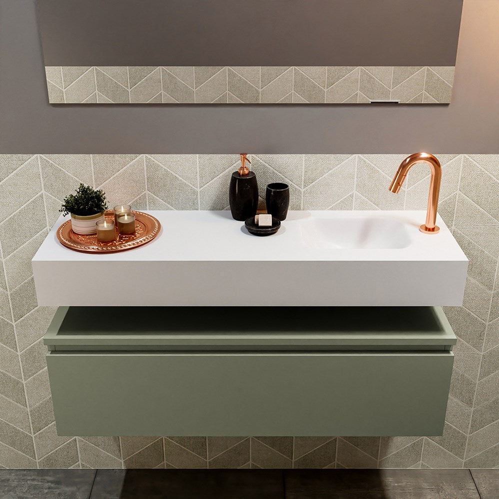 MONDIAZ ANDOR 100cm toiletmeubel army. LEX 100cm wastafel talc positie rechts. Met 1 kraangat
