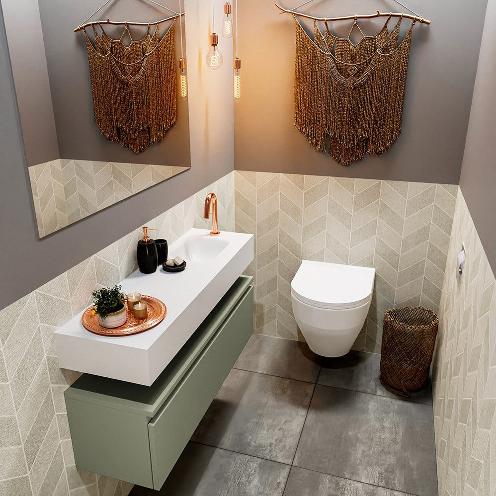 MONDIAZ ANDOR 100cm toiletmeubel army. LEX 100cm wastafel talc positie rechts. Met 1 kraangat
