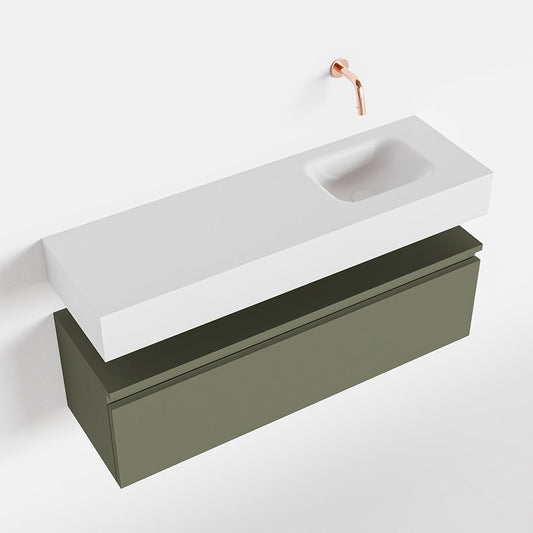 MONDIAZ ANDOR 100cm toiletmeubel army. LEX 100cm wastafel talc positie rechts. Zonder kraangat