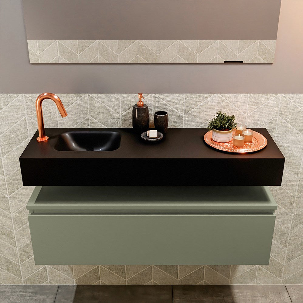MONDIAZ ANDOR 100cm toiletmeubel army. LEX 100cm wastafel urban positie links. Met 1 kraangat
