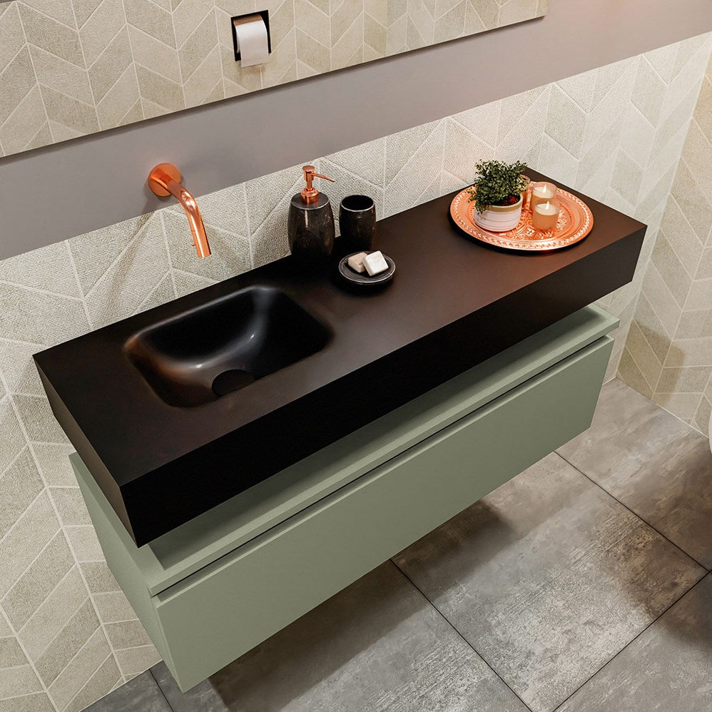 MONDIAZ ANDOR 100cm toiletmeubel army. LEX 100cm wastafel urban positie links. Zonder kraangat