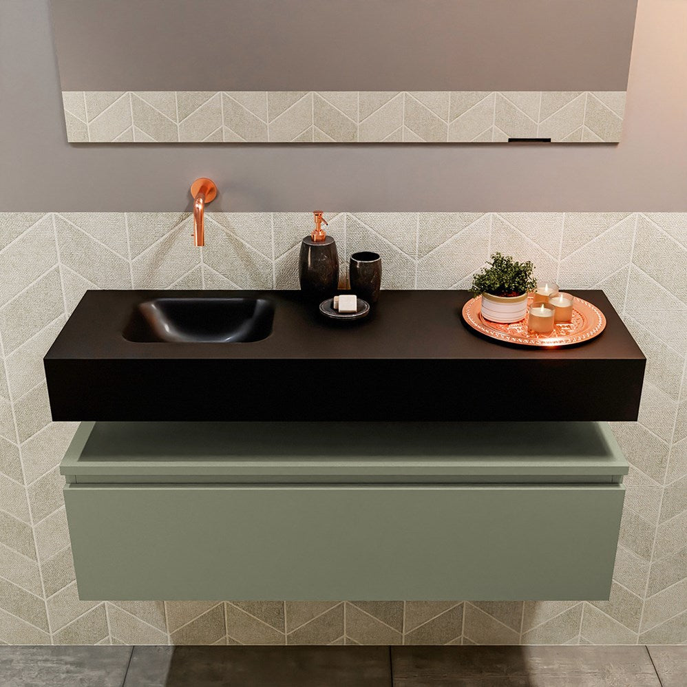 MONDIAZ ANDOR 100cm toiletmeubel army. LEX 100cm wastafel urban positie links. Zonder kraangat