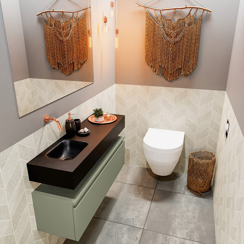 MONDIAZ ANDOR 100cm toiletmeubel army. LEX 100cm wastafel urban positie links. Zonder kraangat
