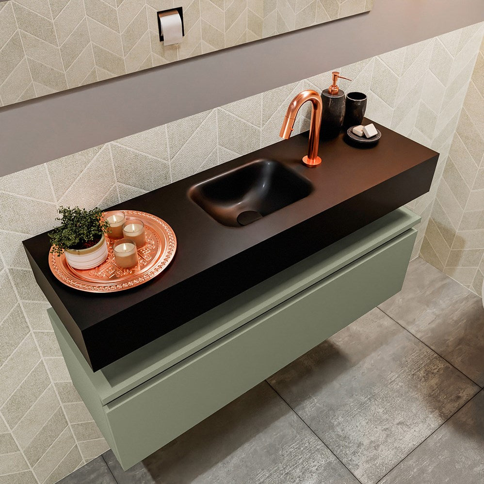 MONDIAZ ANDOR 100cm toiletmeubel army. LEX 100cm wastafel urban positie midden. Met 1 kraangat