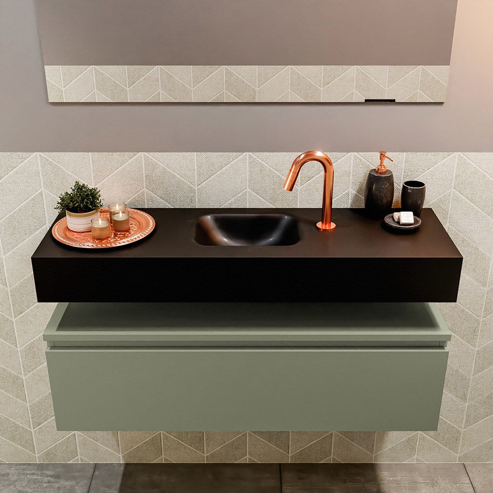 MONDIAZ ANDOR 100cm toiletmeubel army. LEX 100cm wastafel urban positie midden. Met 1 kraangat