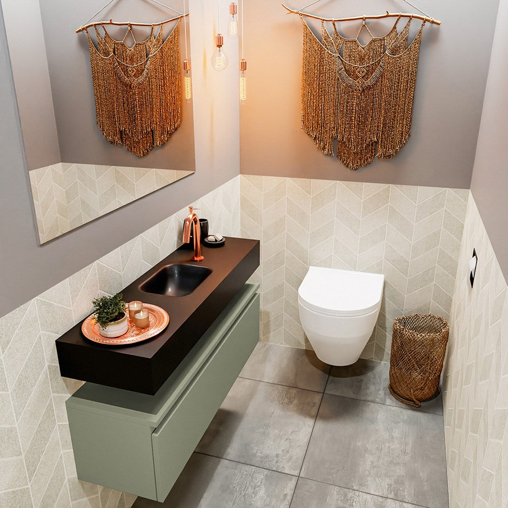 MONDIAZ ANDOR 100cm toiletmeubel army. LEX 100cm wastafel urban positie midden. Met 1 kraangat