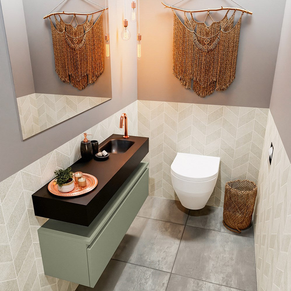 MONDIAZ ANDOR 100cm toiletmeubel army. LEX 100cm wastafel urban positie rechts. Met 1 kraangat