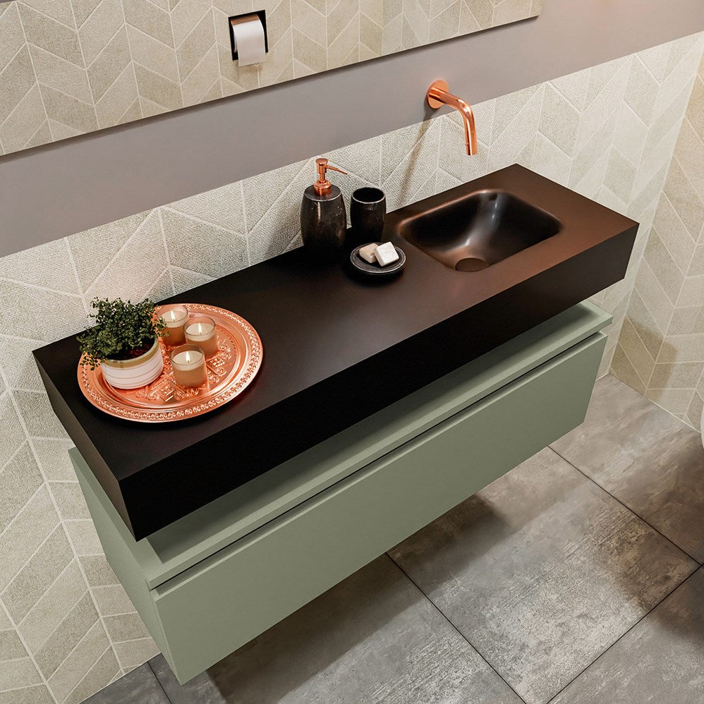 MONDIAZ ANDOR 100cm toiletmeubel army. LEX 100cm wastafel urban positie rechts. Zonder kraangat