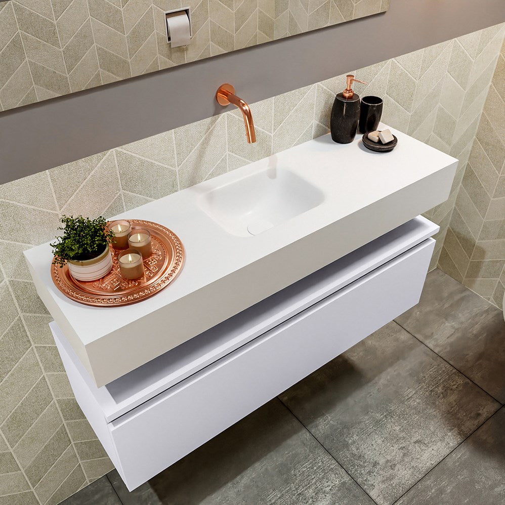 MONDIAZ ANDOR 100cm toiletmeubel cale. LEX 100cm wastafel talc positie midden. Zonder kraangat