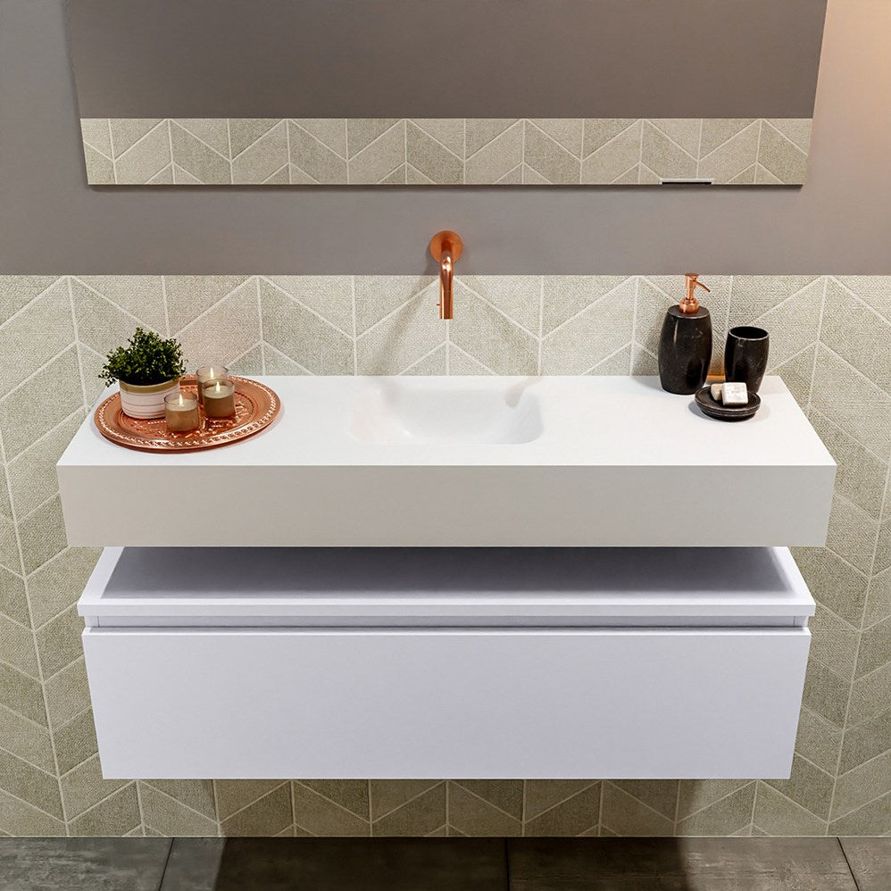 MONDIAZ ANDOR 100cm toiletmeubel cale. LEX 100cm wastafel talc positie midden. Zonder kraangat