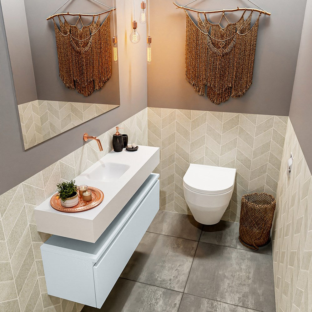 MONDIAZ ANDOR 100cm toiletmeubel cale. LEX 100cm wastafel talc positie midden. Zonder kraangat