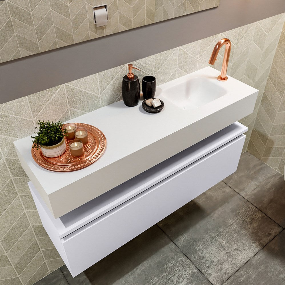 MONDIAZ ANDOR 100cm toiletmeubel cale. LEX 100cm wastafel talc positie rechts. Met 1 kraangat