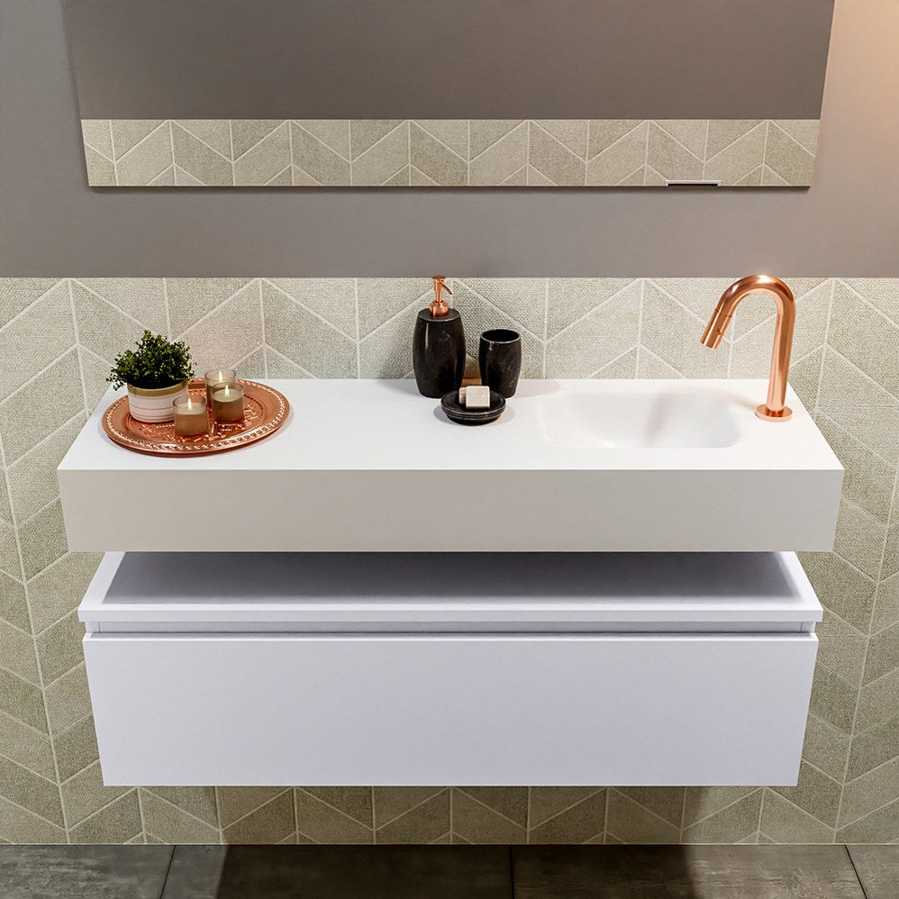 MONDIAZ ANDOR 100cm toiletmeubel cale. LEX 100cm wastafel talc positie rechts. Met 1 kraangat