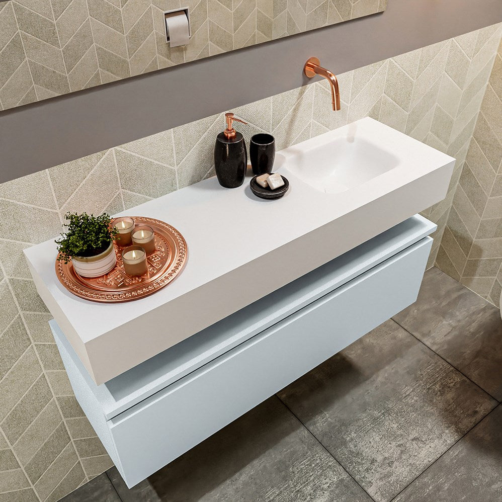 MONDIAZ ANDOR 100cm toiletmeubel cale. LEX 100cm wastafel talc positie rechts. Zonder kraangat