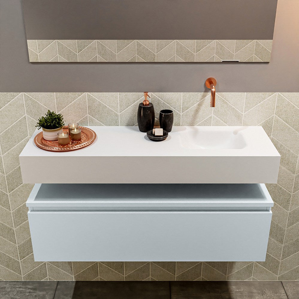 MONDIAZ ANDOR 100cm toiletmeubel cale. LEX 100cm wastafel talc positie rechts. Zonder kraangat