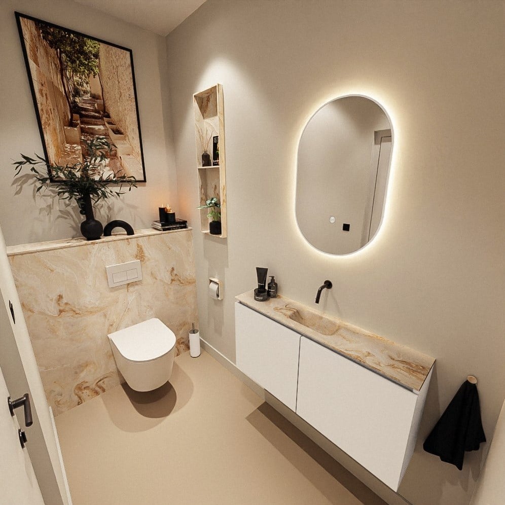 MONDIAZ HOPE Toiletplaat SET solid surface achterwand 100x125cm met Planchet 100x23cm in de kleur Frappe, niet voorgeboord.