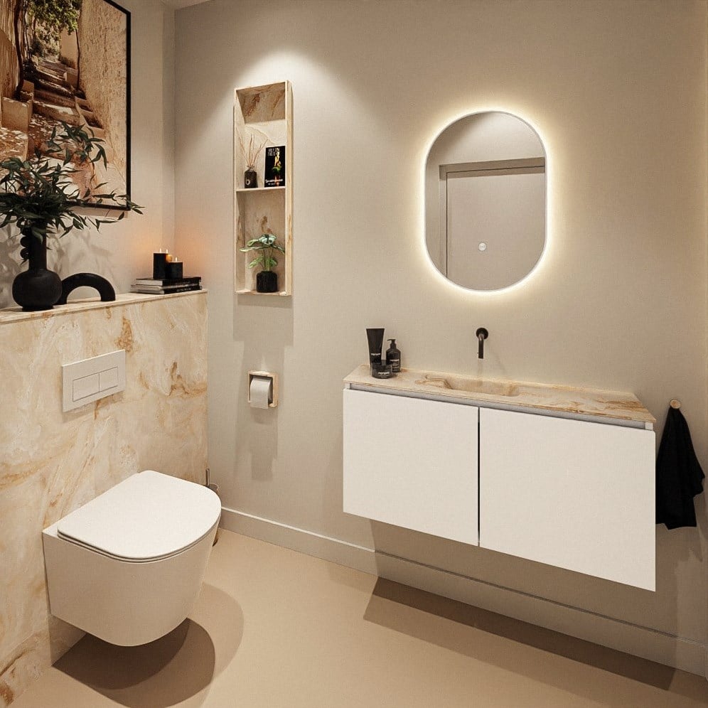 MONDIAZ HOPE Toiletplaat SET solid surface achterwand 100x125cm met Planchet 100x23cm in de kleur Frappe, niet voorgeboord.