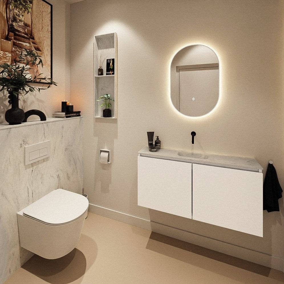 MONDIAZ HOPE Toiletplaat SET solid surface achterwand 100x125cm met Planchet 100x23cm in de kleur Opalo, niet voorgeboord.